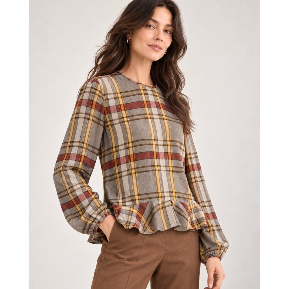 Longchamp Paris Plaid Wool Viscose Ruffle Hem Blouse Size 42 US 10 NWT - Picture 2 of 11